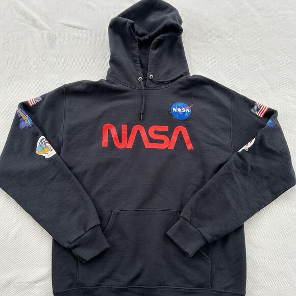 Bowery NASA Hoodie W/Sleeve Emblems Black Sweatshirt Mens Size M Gently Worn - Picture 2 of 9